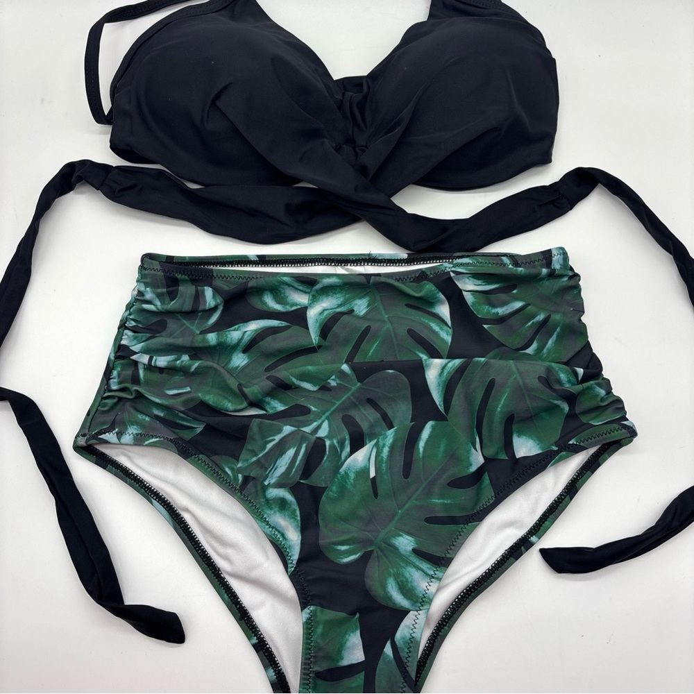 Women's Black Green Leaf Print High Waisted Crisscross Tie Back Bikini, Small